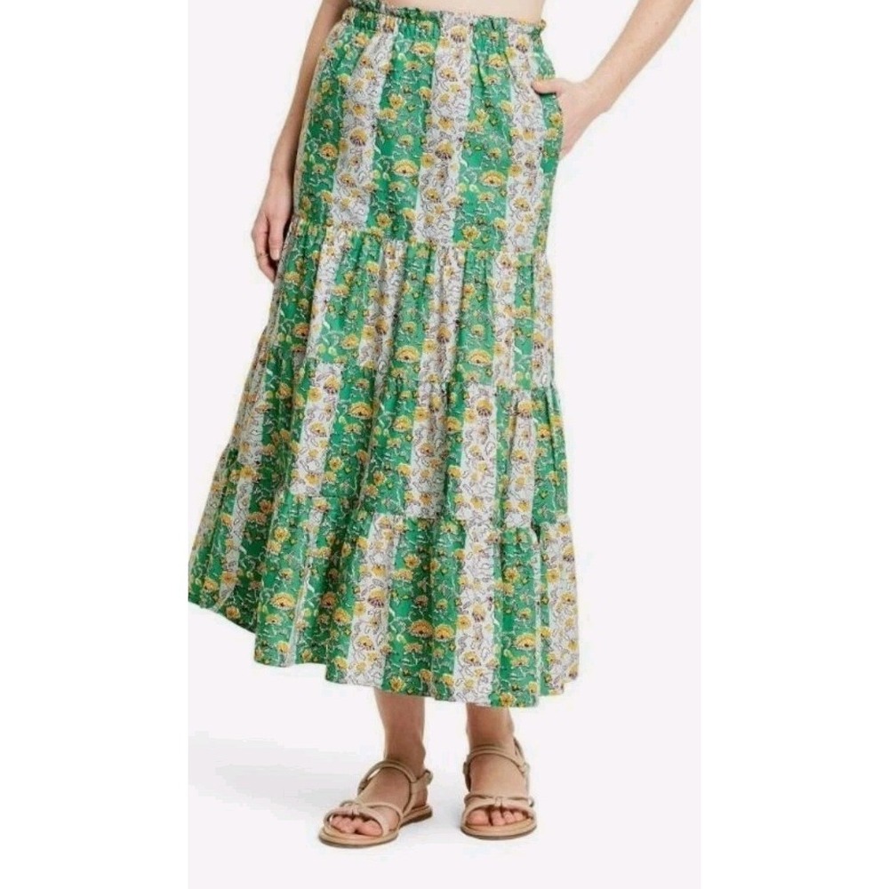 RHODE x Target Green Floral Summer Midi Skirt w/ Pockets Cotton Size XL Gypsy